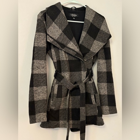 Checkered Black and Gray Belted Jacket - Picture 1 of 4